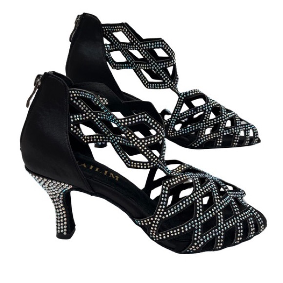 Wuailim Dance Heels Ballroom Salsa Sparkly Rhinestone Cutouts Black Size: 8.5 - Picture 2 of 7